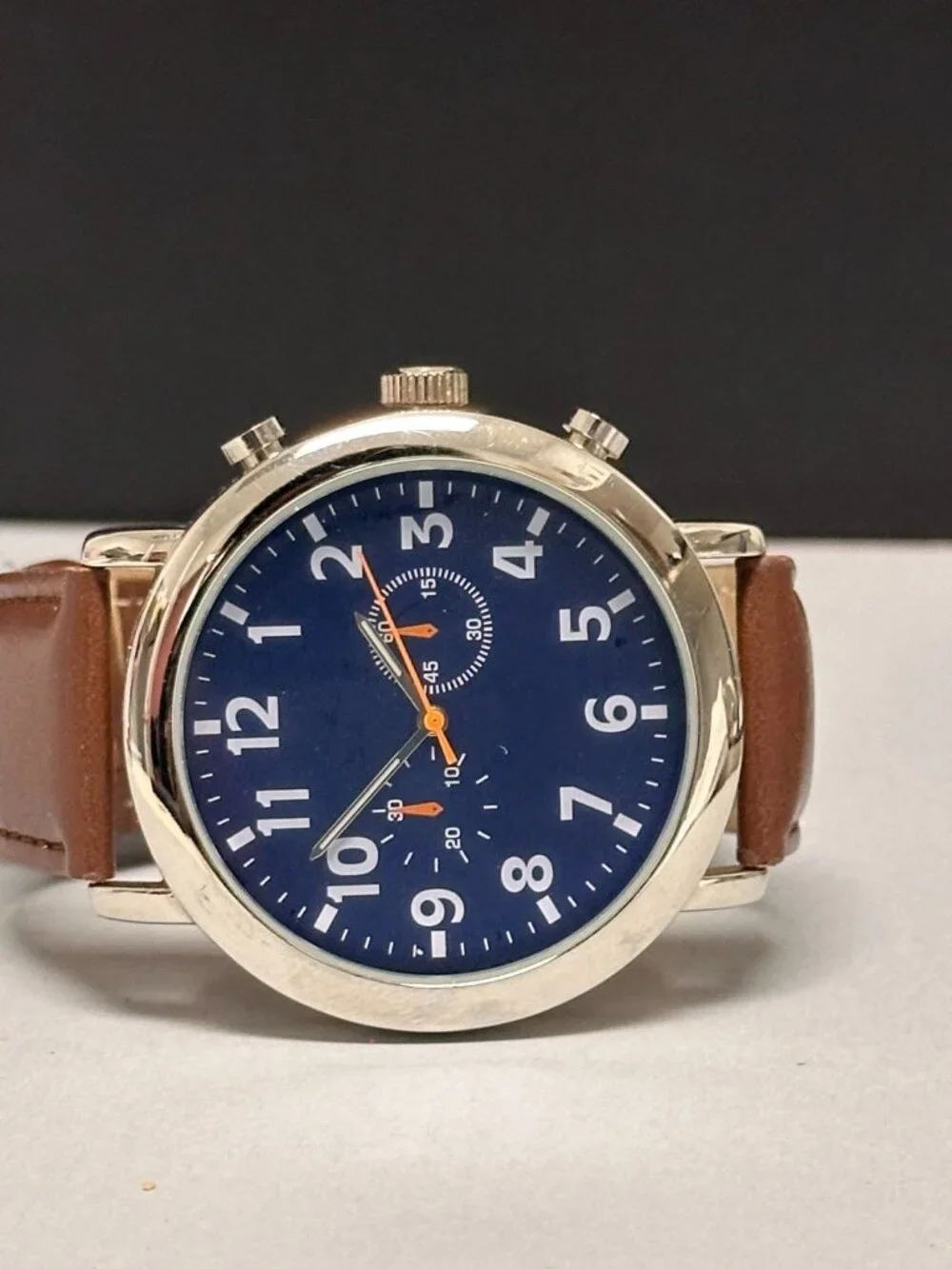 3/$30 Men Watch Silver Tone Blue Dial Faux Chronograph 46MM New Battery 10 Inch